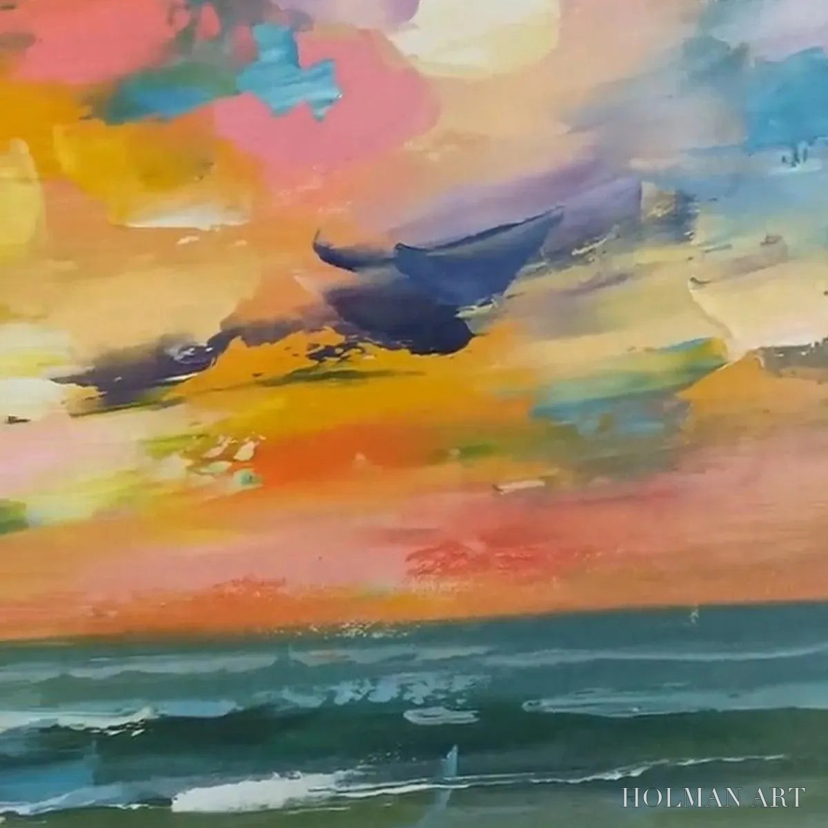 HOLMAN ART Seaside Sunset Serenade – Ocean Painting, Impasto Texture, Sunset Beach, Panoramic , Horizontal Canvas - image 3