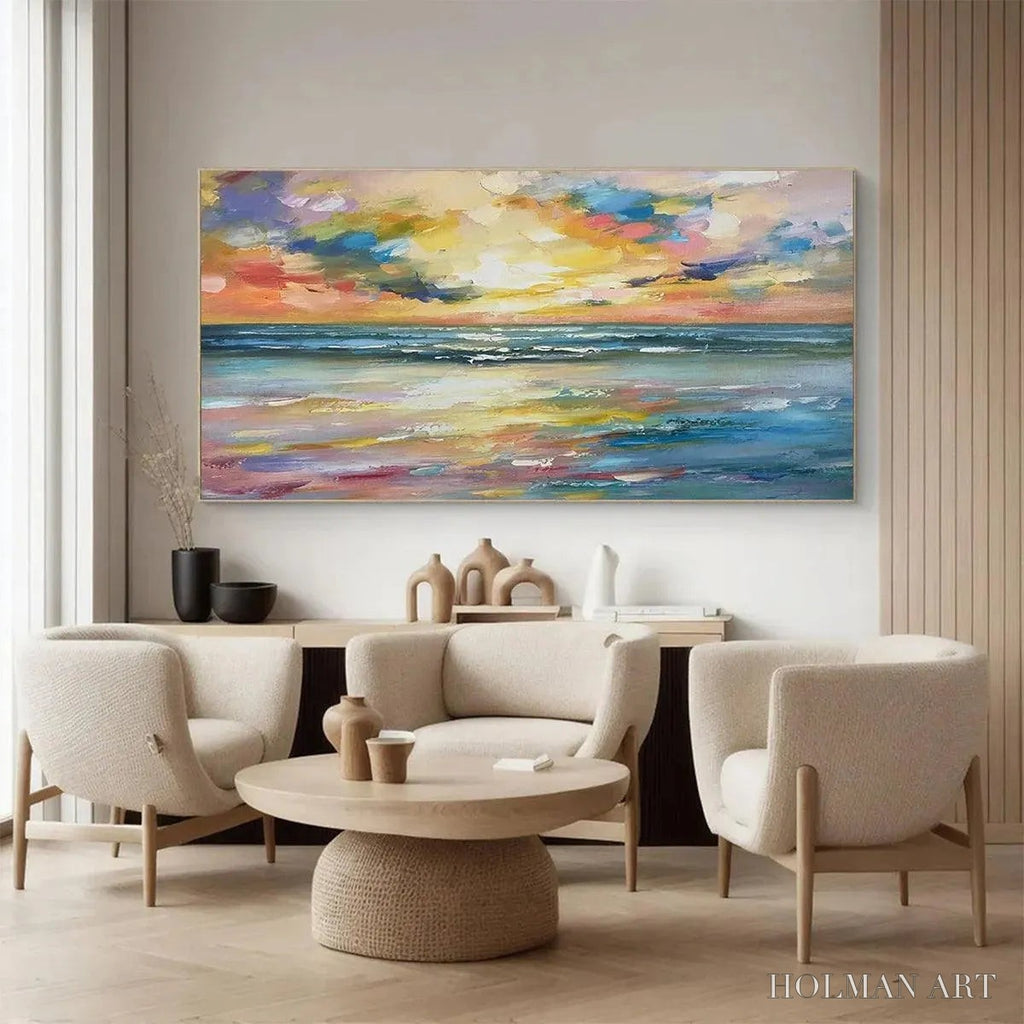 HOLMAN ART Seaside Sunset Serenade – Ocean Painting, Impasto Texture, Sunset Beach, Panoramic , Horizontal Canvas - image 4