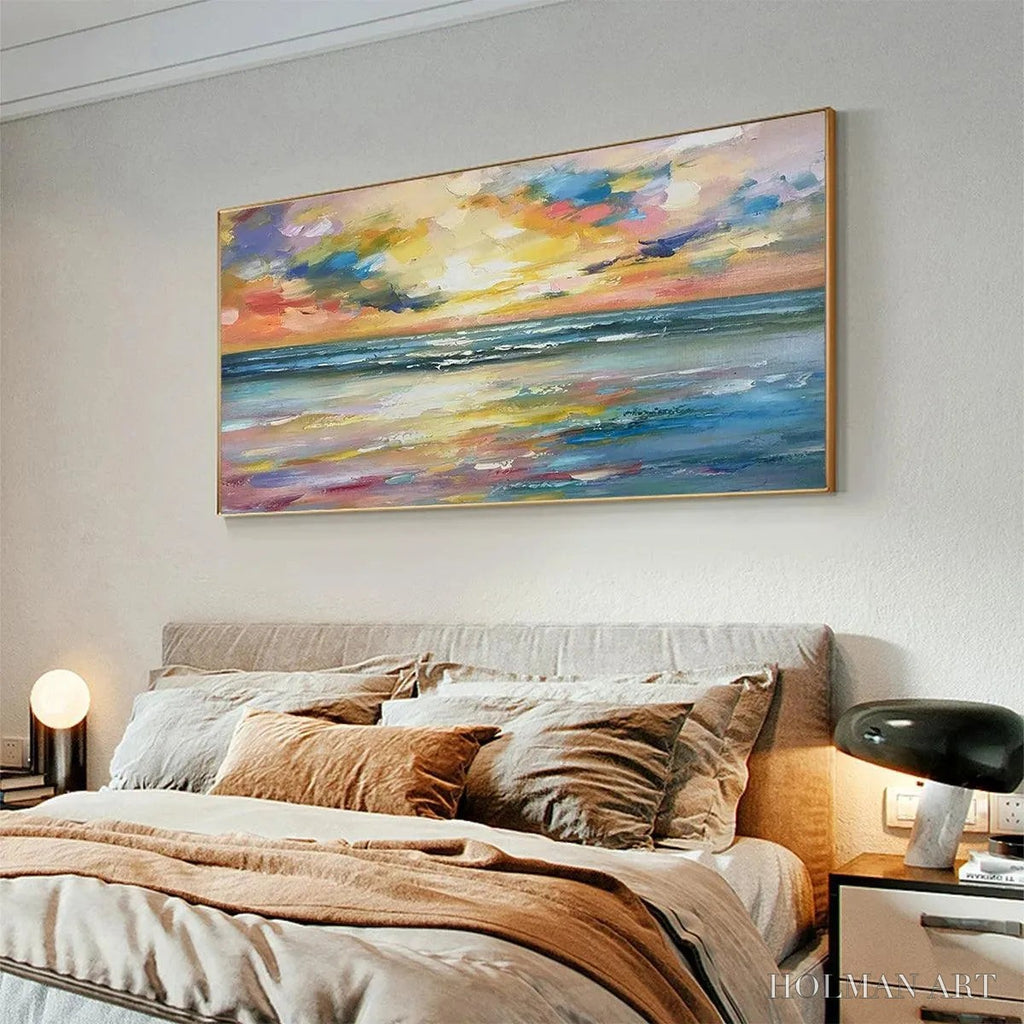 HOLMAN ART Seaside Sunset Serenade – Ocean Painting, Impasto Texture, Sunset Beach, Panoramic , Horizontal Canvas - image 6