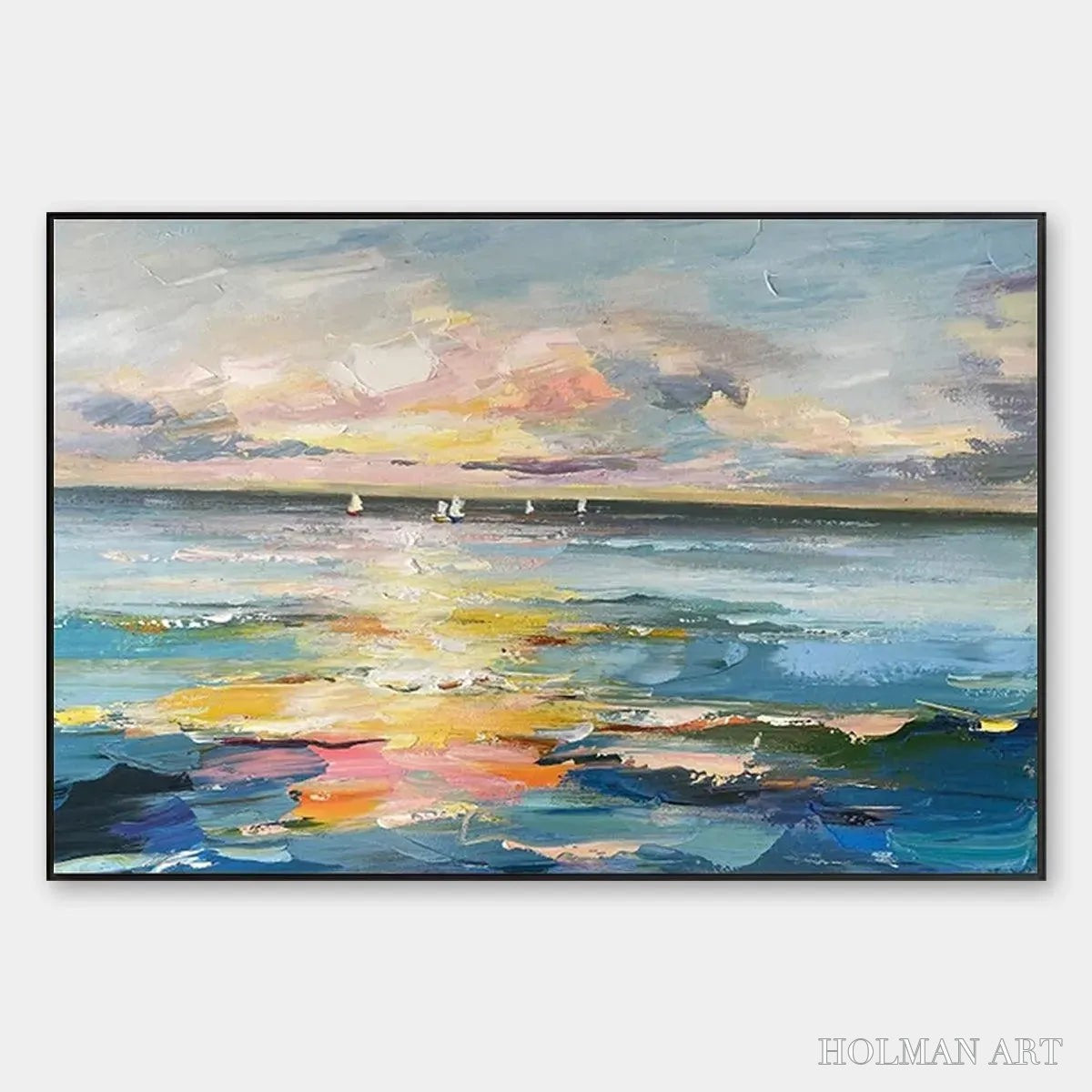 HOLMAN ART Sunset Sail – Seascape Painting, Impasto Texture, Ocean View, Panoramic , Horizontal - image 1