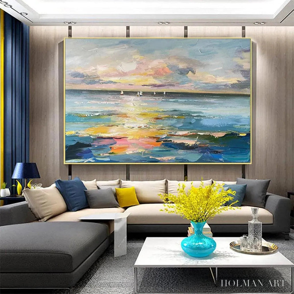 HOLMAN ART Sunset Sail – Seascape Painting, Impasto Texture, Ocean View, Panoramic , Horizontal - image 2