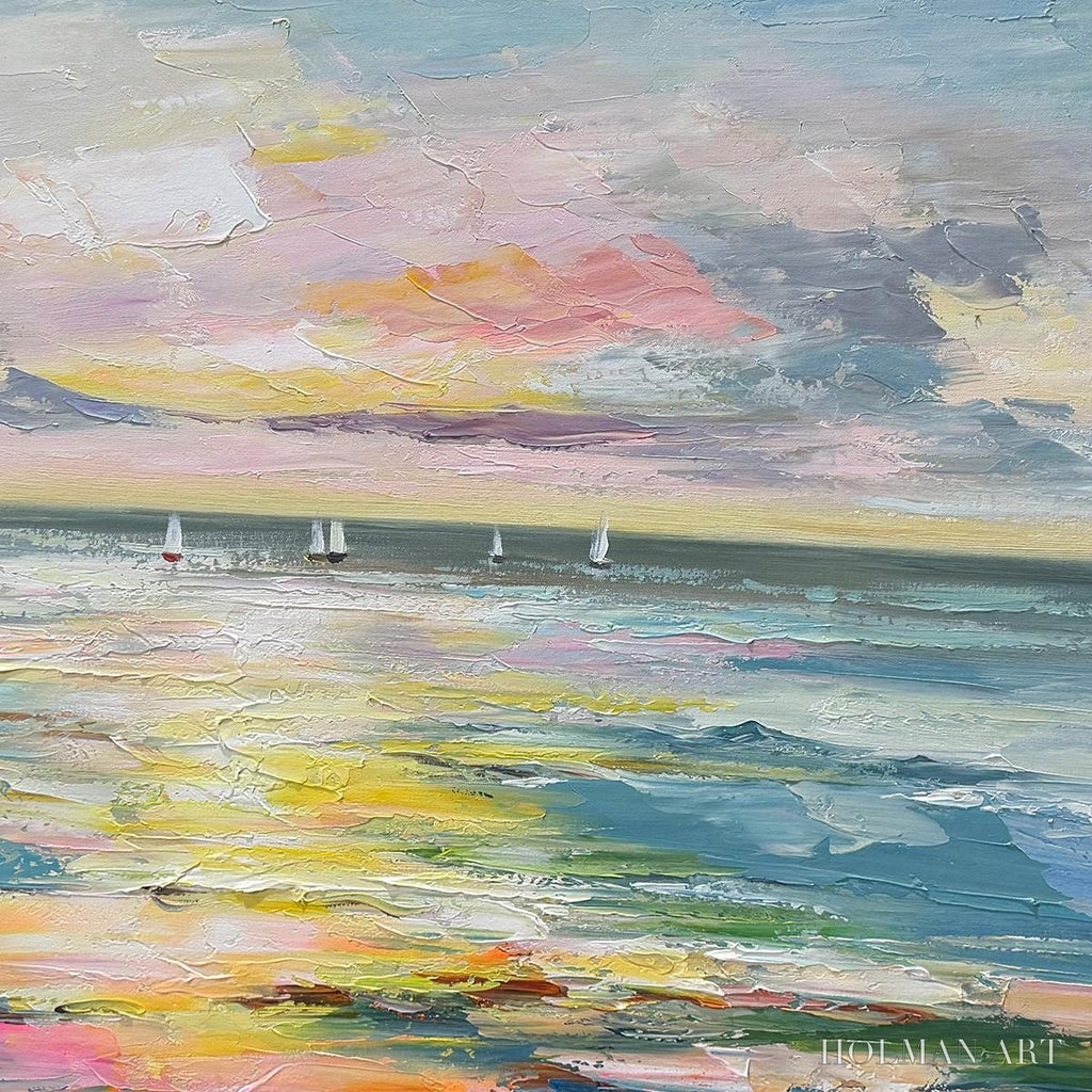 HOLMAN ART Sunset Sail – Seascape Painting, Impasto Texture, Ocean View, Panoramic , Horizontal - image 3