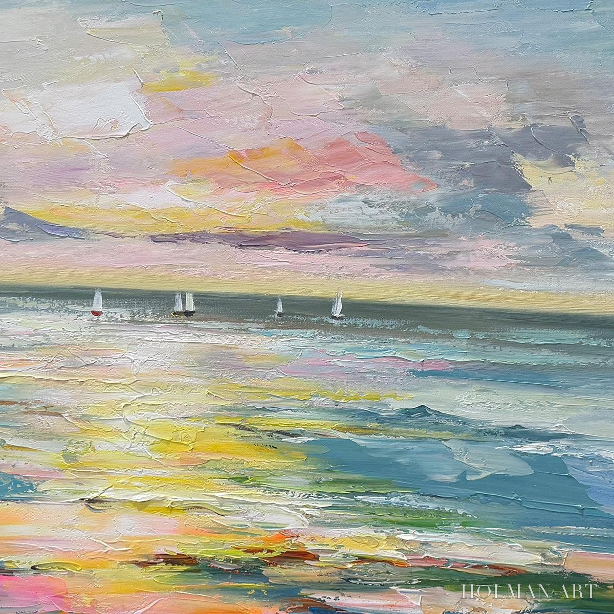 HOLMAN ART Sunset Sail – Seascape Painting, Impasto Texture, Ocean View, Panoramic , Horizontal - image 3