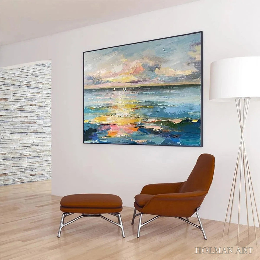 HOLMAN ART Sunset Sail – Seascape Painting, Impasto Texture, Ocean View, Panoramic , Horizontal - image 4