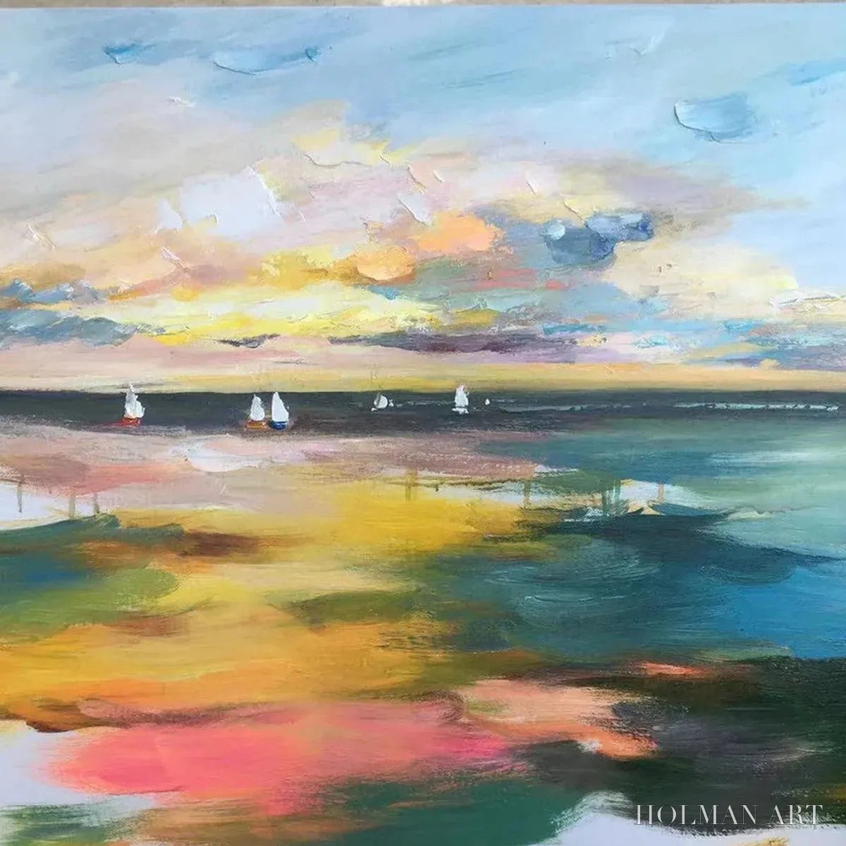 HOLMAN ART Sunset Sail – Seascape Painting, Impasto Texture, Ocean View, Panoramic , Horizontal - image 6