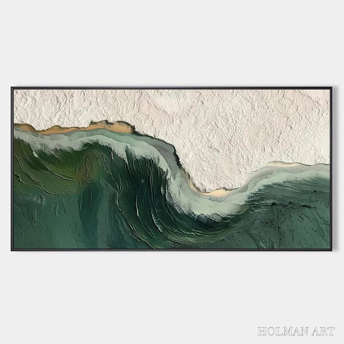 HOLMAN ART Emerald Depths – Textured Abstract Seascape Painting, Green and White , Panoramic Canvas, Coastal Decor - image 1
