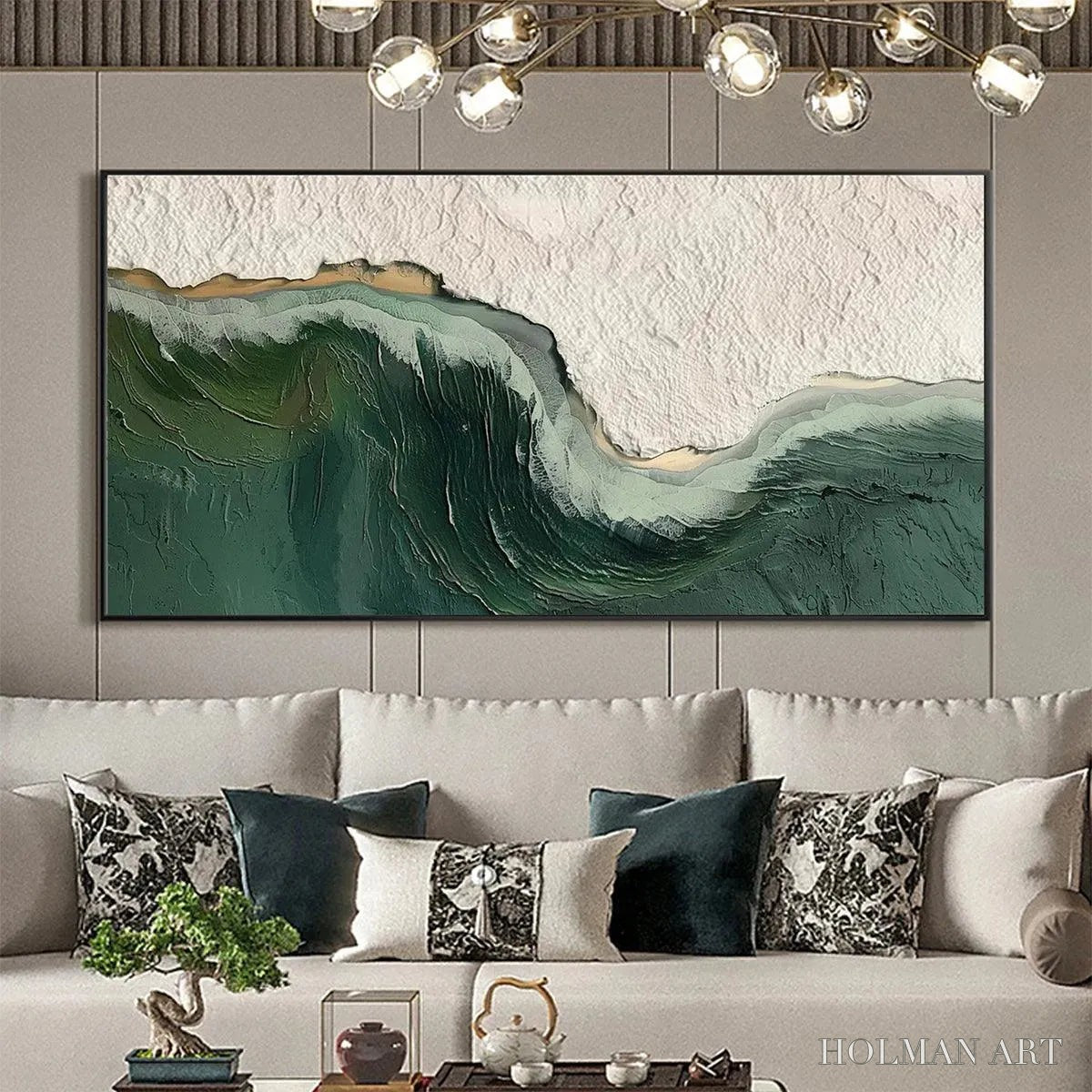 HOLMAN ART Emerald Depths – Textured Abstract Seascape Painting, Green and White , Panoramic Canvas, Coastal Decor - image 2