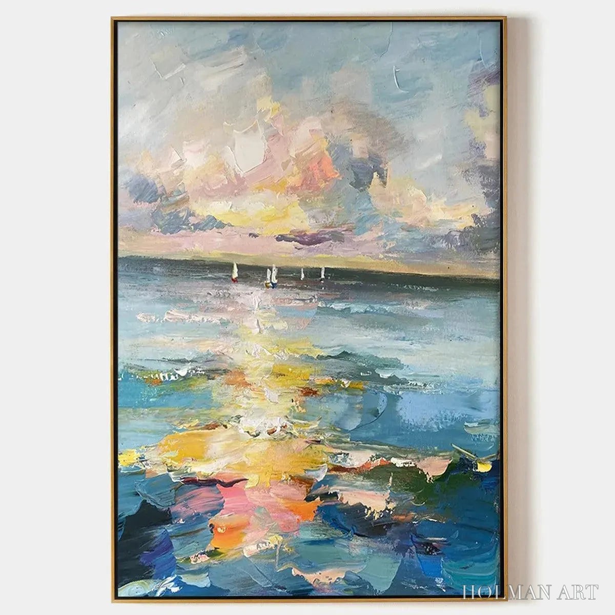 HOLMAN ART Sailboats At Sunset – Seascape Painting, Impasto, Textured , Ocean Sunset, Vertical - image 1