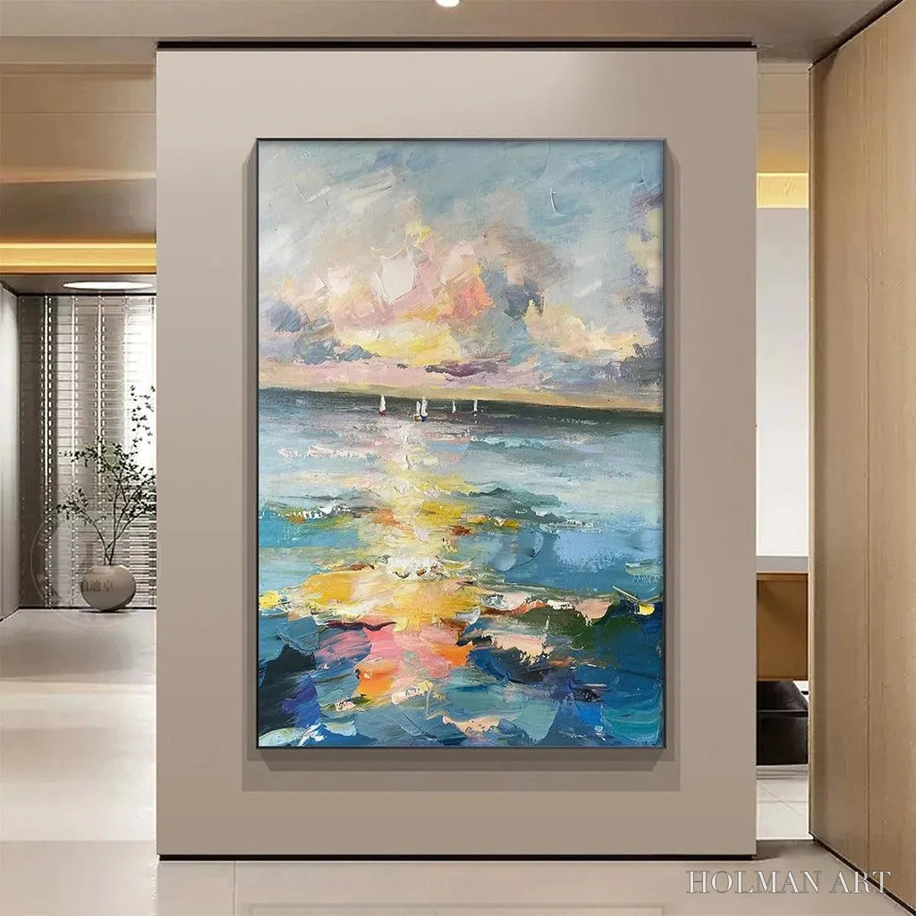 HOLMAN ART Sailboats At Sunset – Seascape Painting, Impasto, Textured , Ocean Sunset, Vertical - image 2