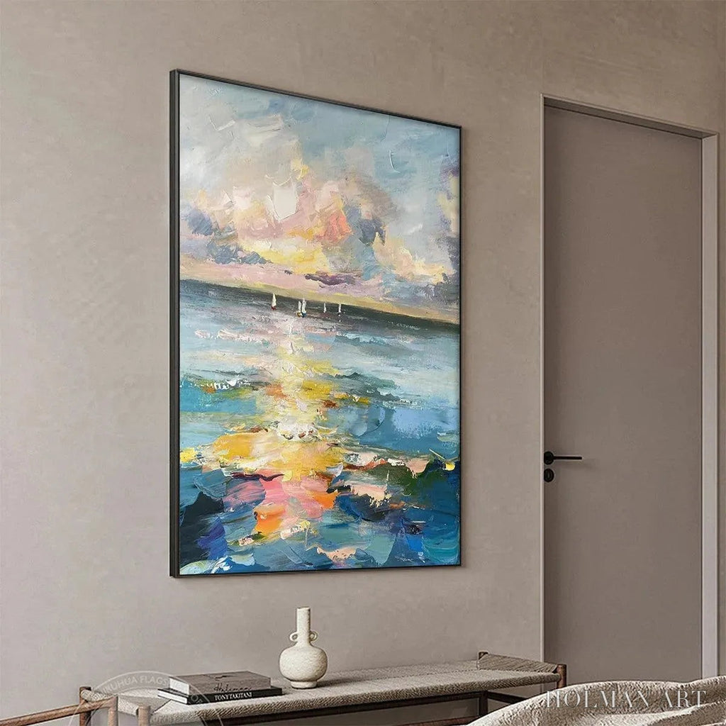 HOLMAN ART Sailboats At Sunset – Seascape Painting, Impasto, Textured , Ocean Sunset, Vertical - image 4