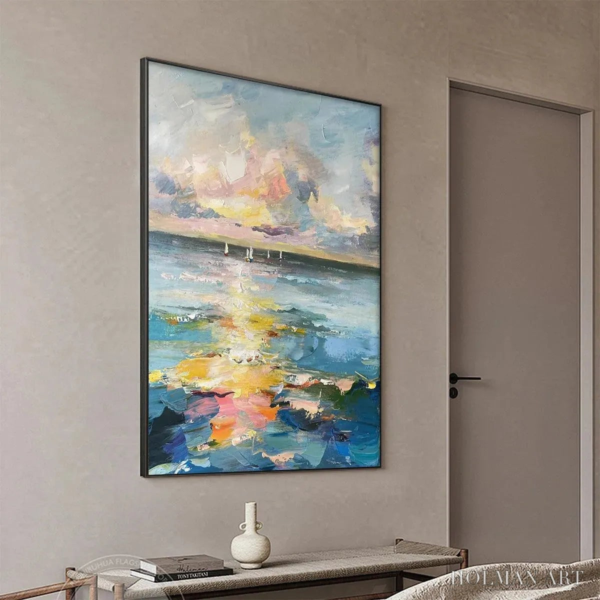 HOLMAN ART Sailboats At Sunset – Seascape Painting, Impasto, Textured , Ocean Sunset, Vertical - image 4