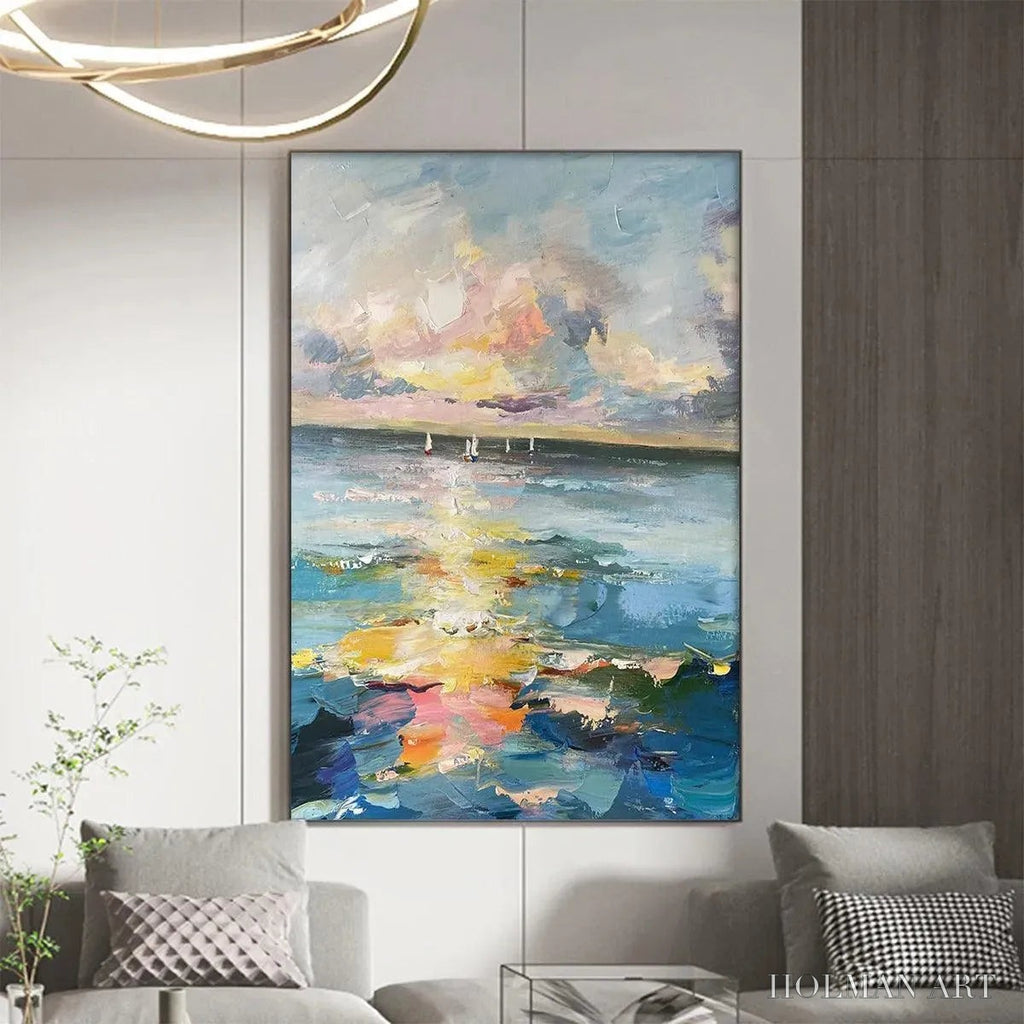 HOLMAN ART Sailboats At Sunset – Seascape Painting, Impasto, Textured , Ocean Sunset, Vertical - image 6