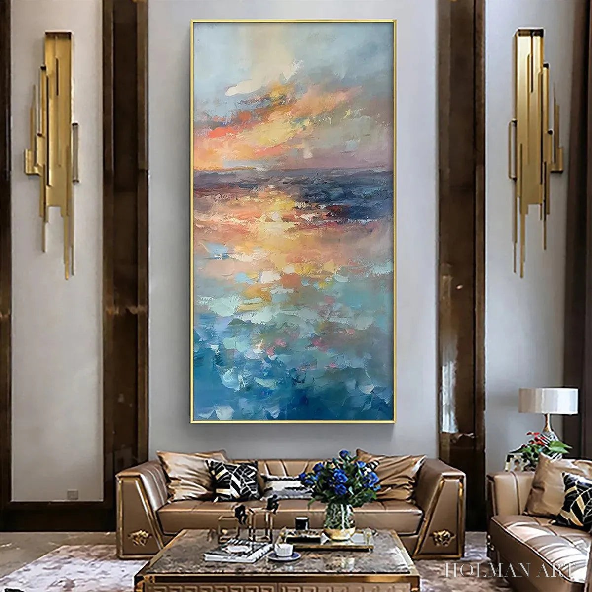 HOLMAN ART Golden Hour Seascape – Ocean Painting, Sunset , Impasto Texture, Vertical Canvas - image 2
