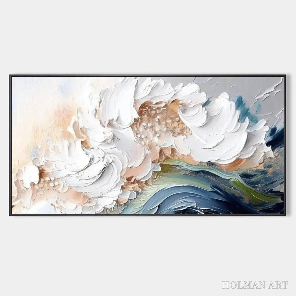 HOLMAN ART Ocean Whispers – Textured Abstract Seascape Painting, White and Blue , Panoramic Canvas, Coastal Decor - image 1