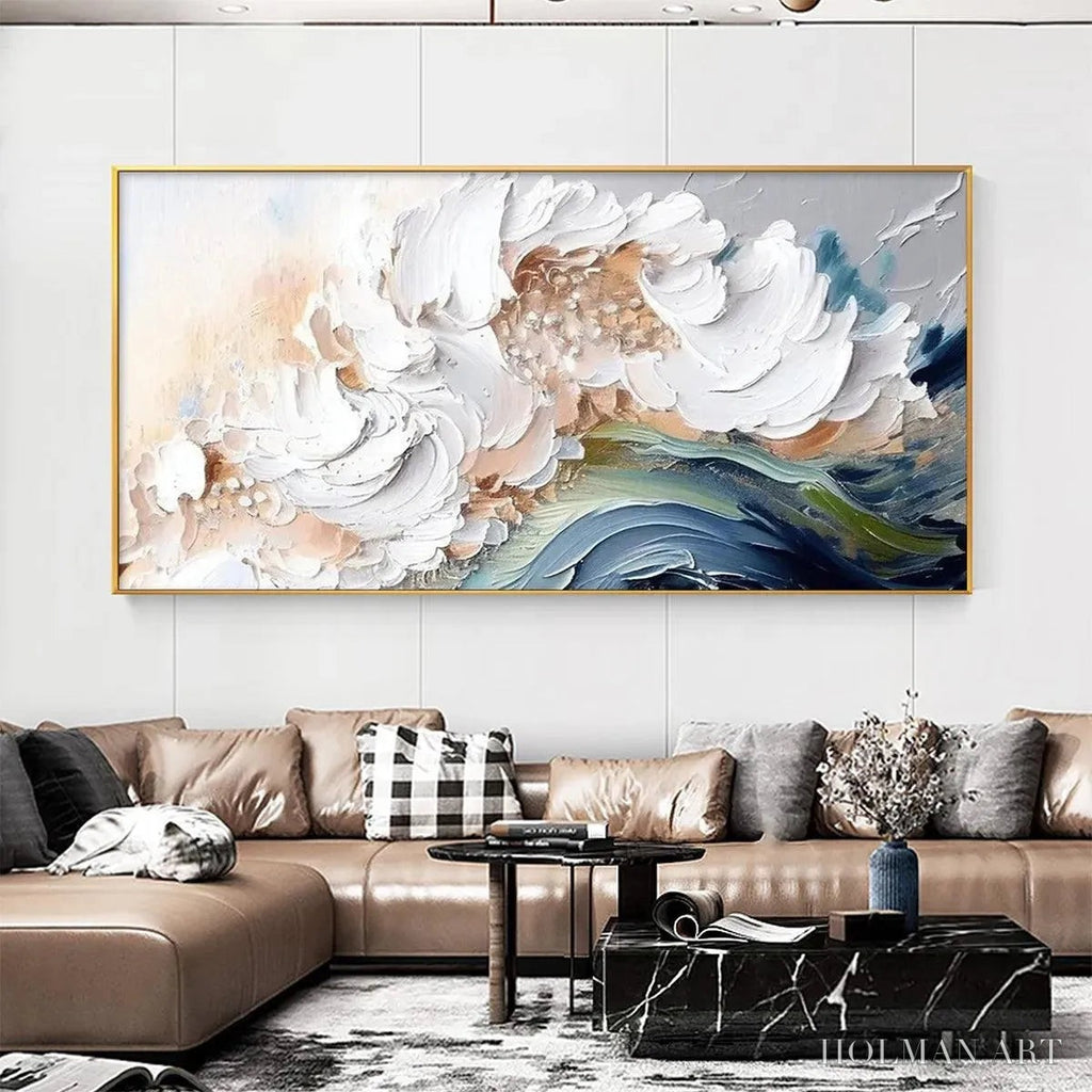 HOLMAN ART Ocean Whispers – Textured Abstract Seascape Painting, White and Blue , Panoramic Canvas, Coastal Decor - image 2