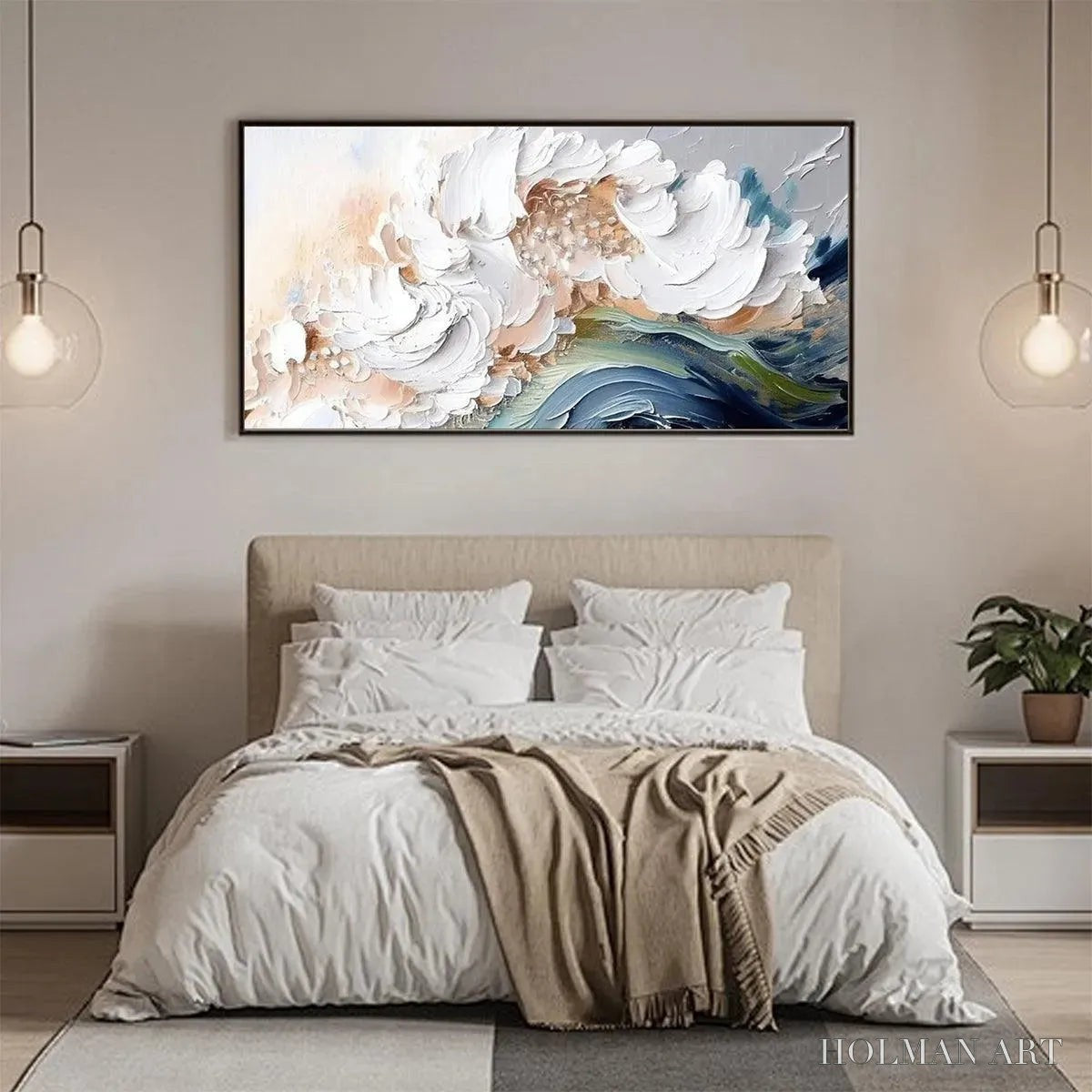 HOLMAN ART Ocean Whispers – Textured Abstract Seascape Painting, White and Blue , Panoramic Canvas, Coastal Decor - image 4