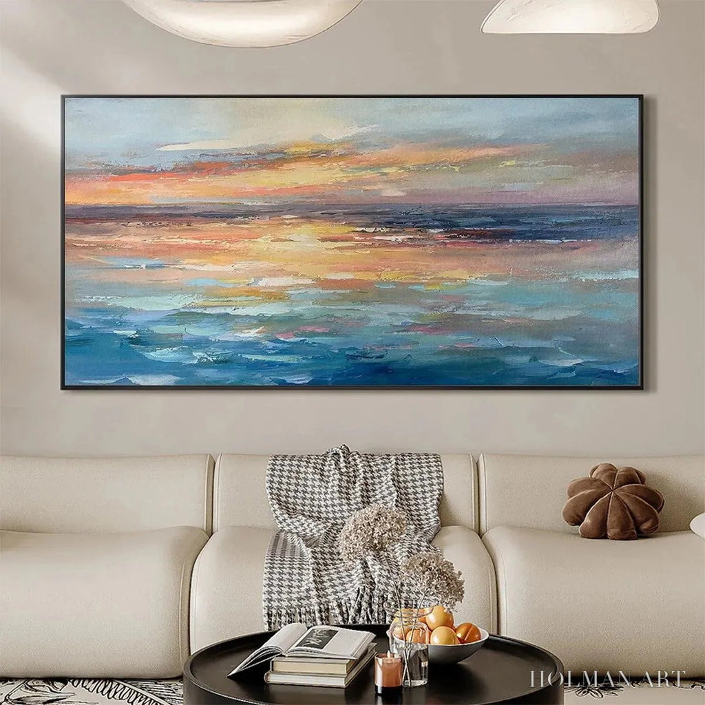 HOLMAN ART Serene Sunset – Panoramic Seascape Painting, Textured , Horizontal Canvas, Beach Decor - image 4
