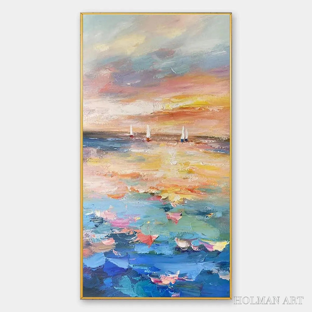 HOLMAN ART Sailing At Sunset – Colorful Seascape Painting, Textured , Vertical Canvas, Beach Decor - image 1