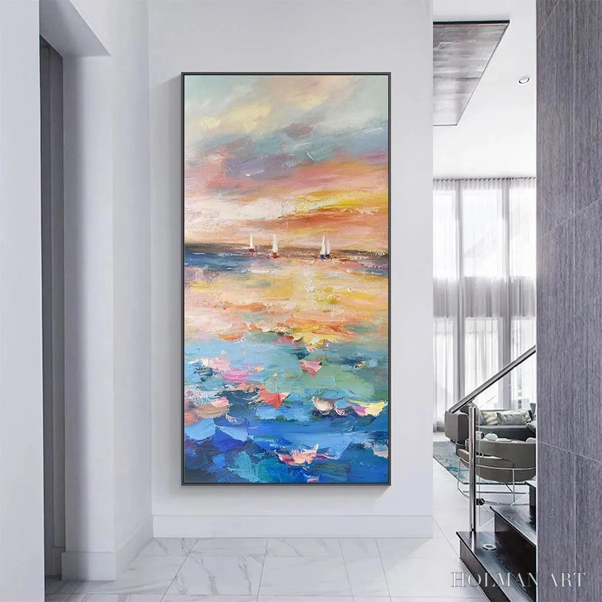 HOLMAN ART Sailing At Sunset – Colorful Seascape Painting, Textured , Vertical Canvas, Beach Decor - image 2