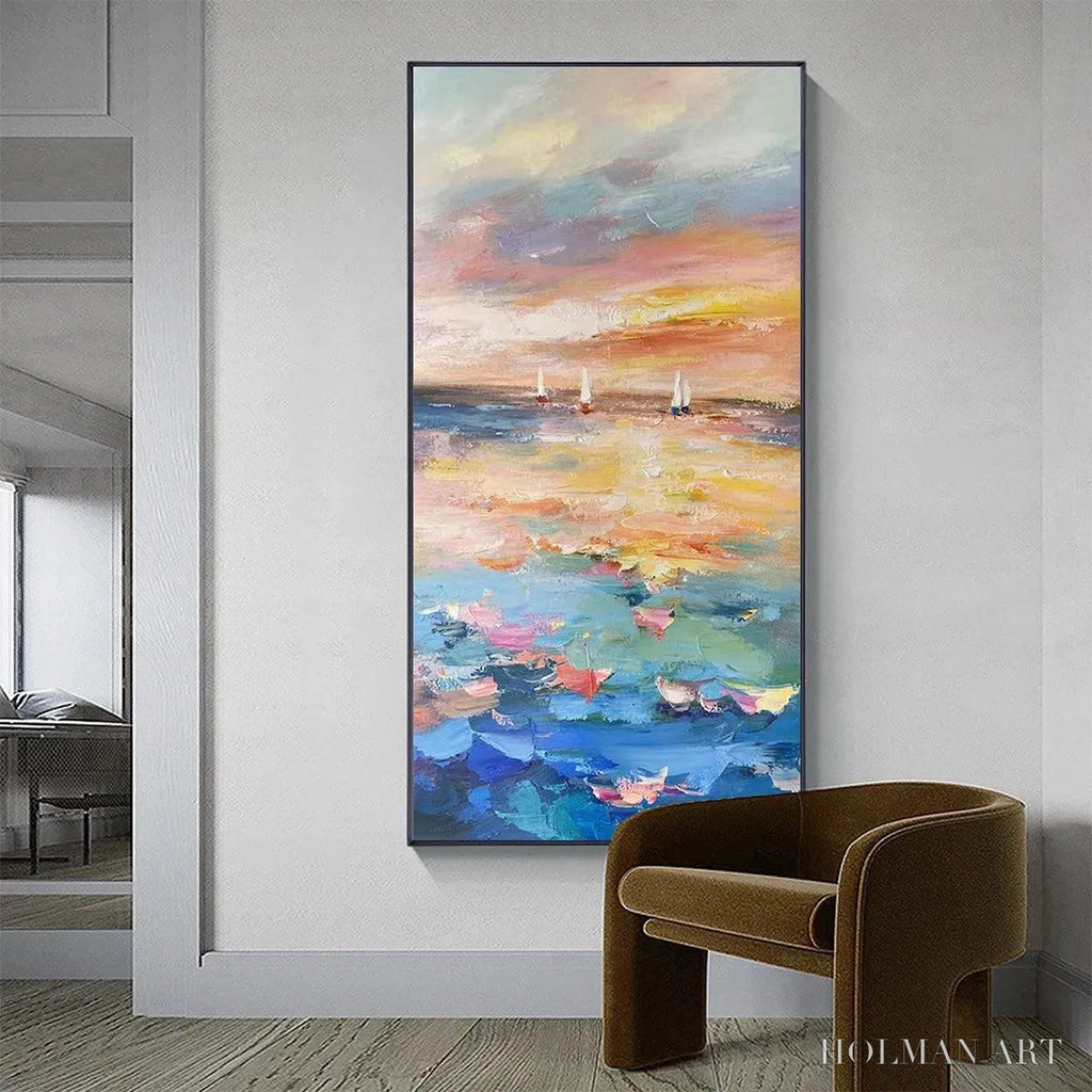 HOLMAN ART Sailing At Sunset – Colorful Seascape Painting, Textured , Vertical Canvas, Beach Decor - image 4