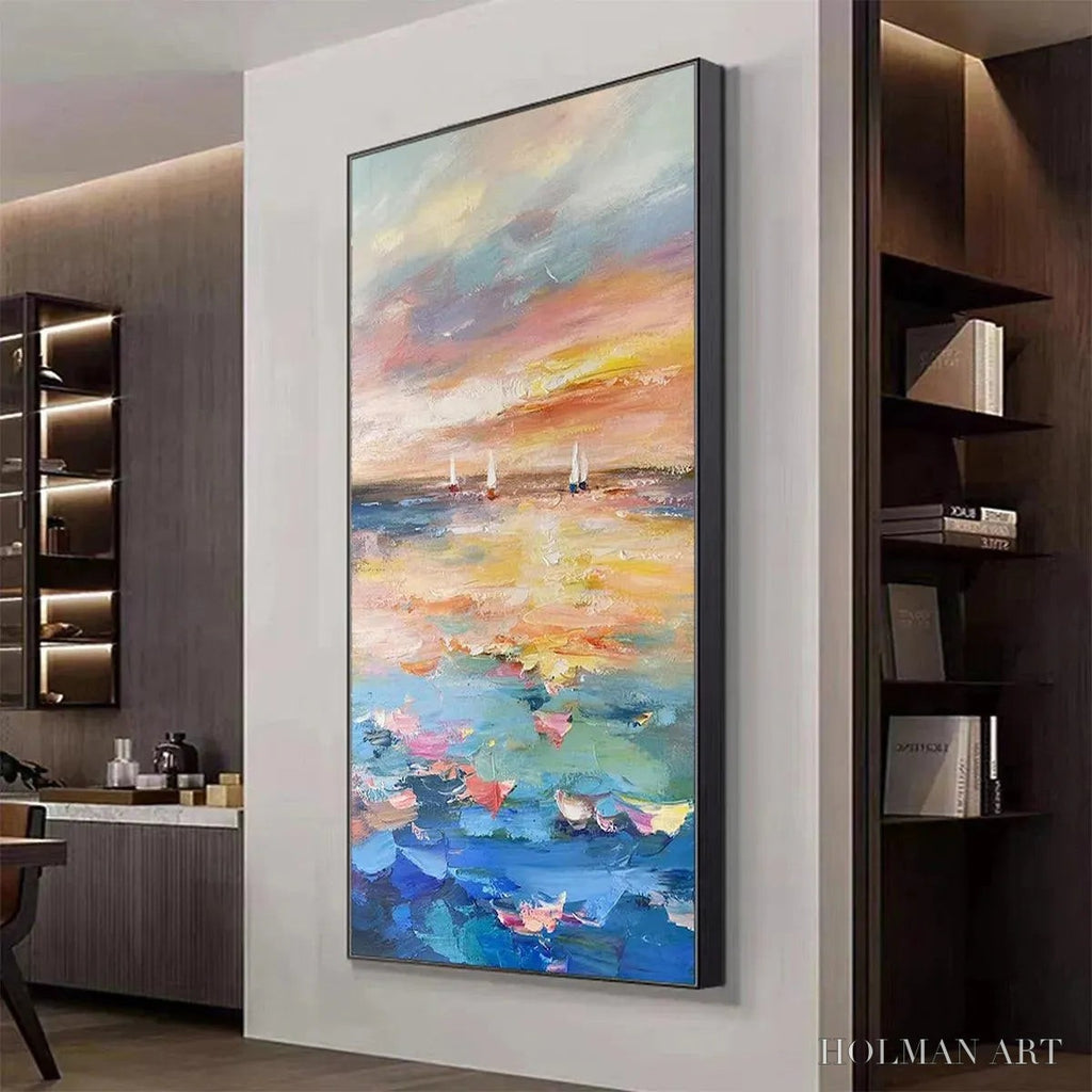 HOLMAN ART Sailing At Sunset – Colorful Seascape Painting, Textured , Vertical Canvas, Beach Decor - image 5