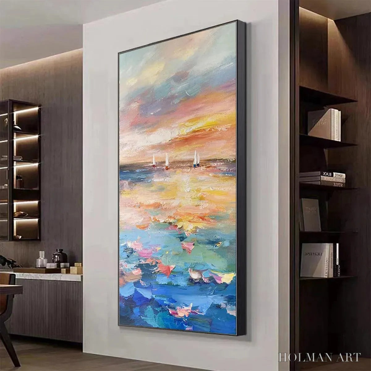HOLMAN ART Sailing At Sunset – Colorful Seascape Painting, Textured , Vertical Canvas, Beach Decor - image 5