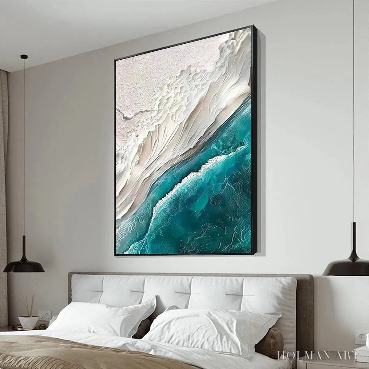 HOLMAN ART Azure Dream – Textured Abstract Seascape, Teal and White , Vertical Canvas, Coastal Decor - image 2