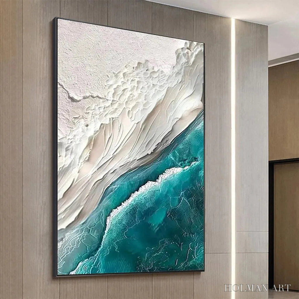 HOLMAN ART Azure Dream – Textured Abstract Seascape, Teal and White , Vertical Canvas, Coastal Decor - image 4