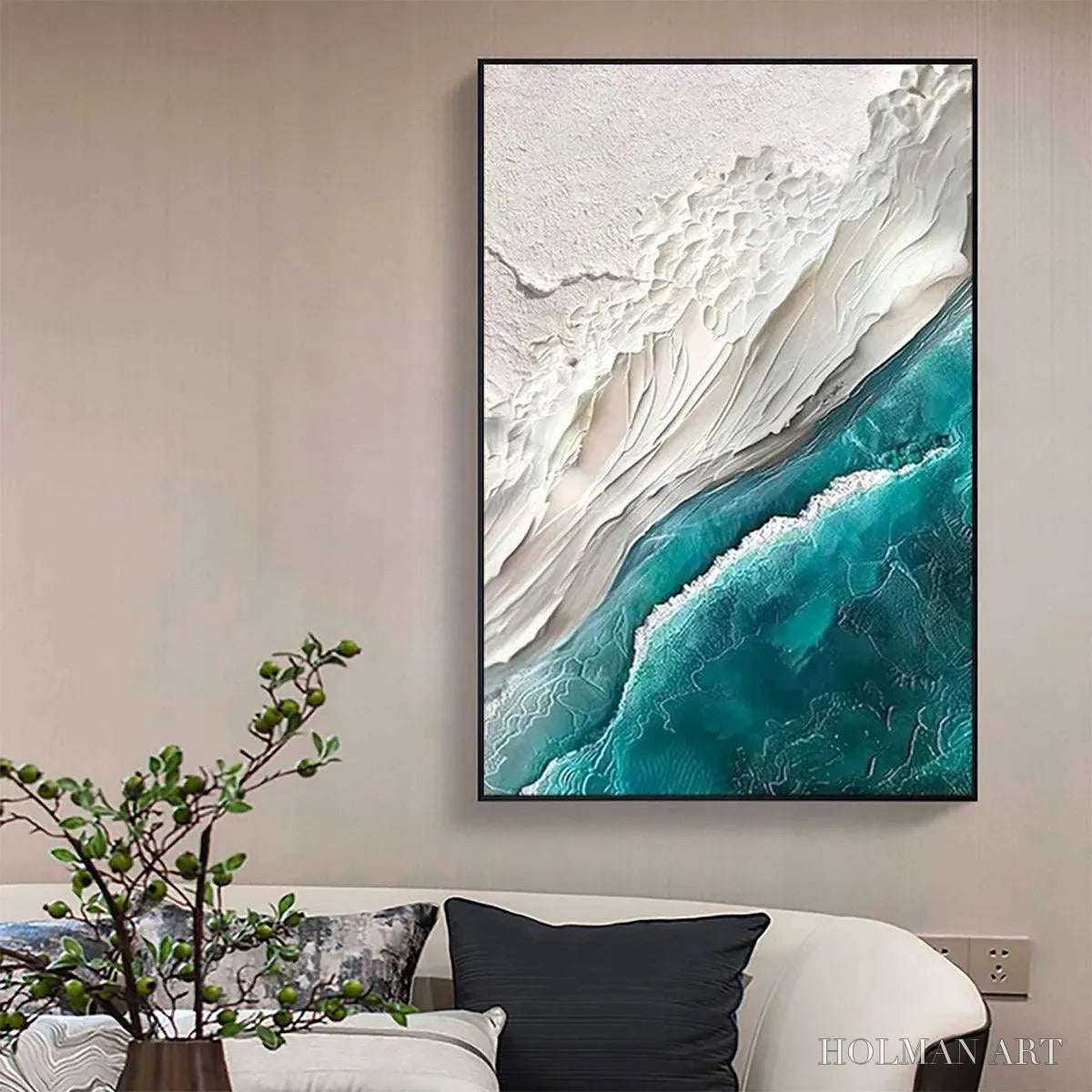 HOLMAN ART Azure Dream – Textured Abstract Seascape, Teal and White , Vertical Canvas, Coastal Decor - image 5