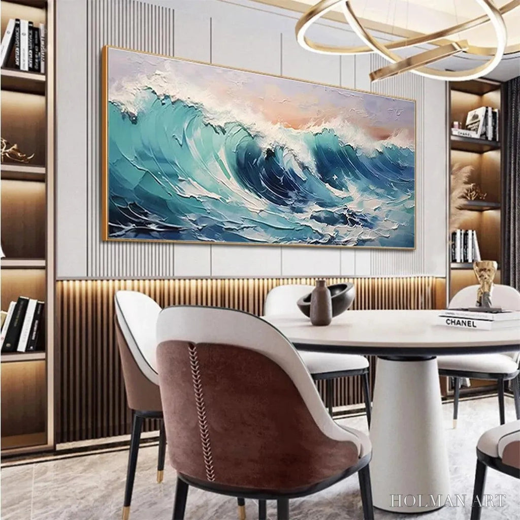 HOLMAN ART Cresting Wave – Textured Ocean Painting, Turquoise Wave , Panoramic Canvas, Seascape Decor - image 2