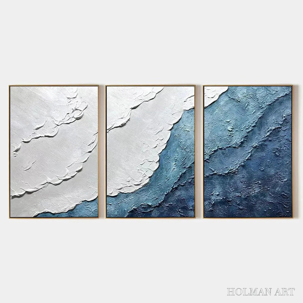HOLMAN ART Textured Oceanscape Triptych – Textured Abstract Painting Set of 3 - image 1