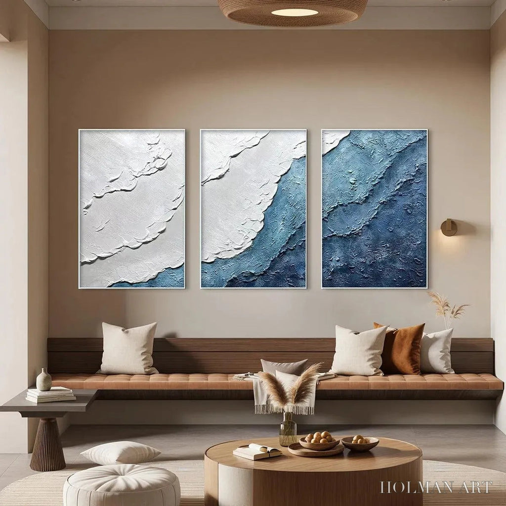 HOLMAN ART Textured Oceanscape Triptych – Textured Abstract Painting Set of 3 - image 2