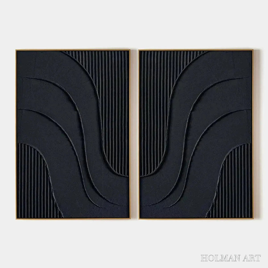 HOLMAN ART Black Textured Waves Diptych – Textured Abstract Painting Set of 2, Vertical - image 1