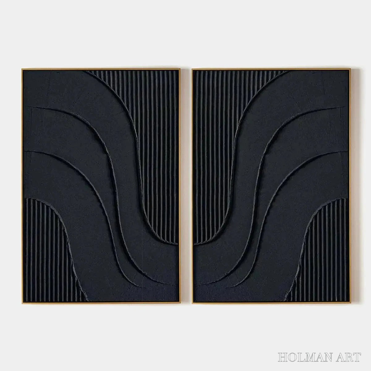 HOLMAN ART Black Textured Waves Diptych – Textured Abstract Painting Set of 2, Vertical - image 1