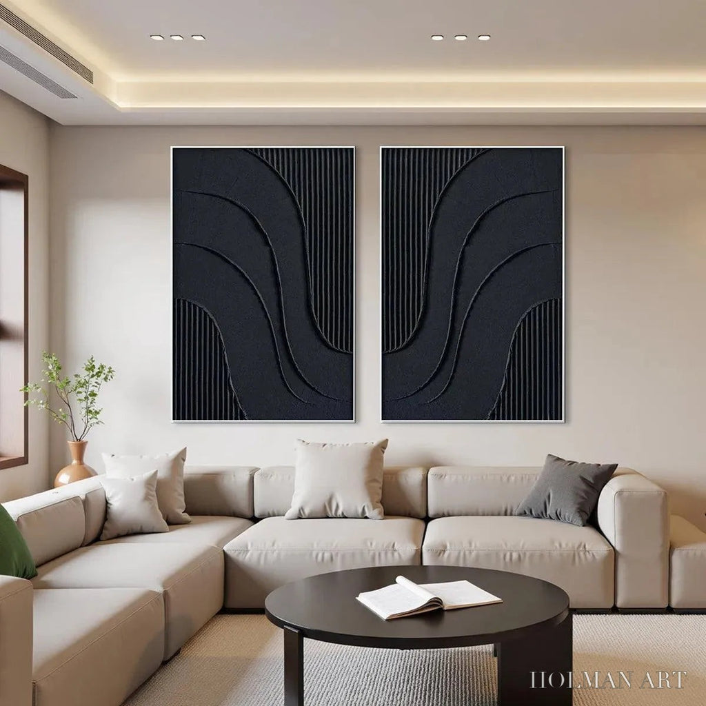 HOLMAN ART Black Textured Waves Diptych – Textured Abstract Painting Set of 2, Vertical - image 2