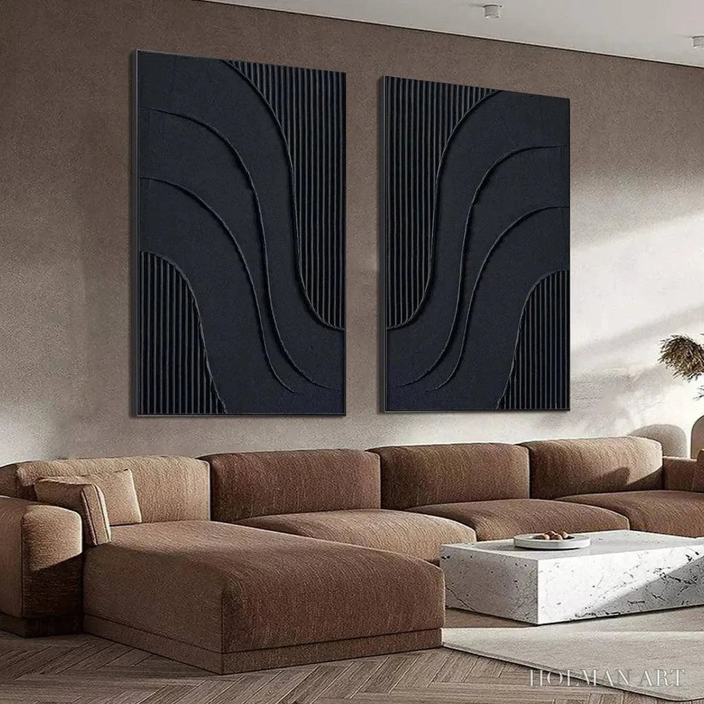 HOLMAN ART Black Textured Waves Diptych – Textured Abstract Painting Set of 2, Vertical - image 4