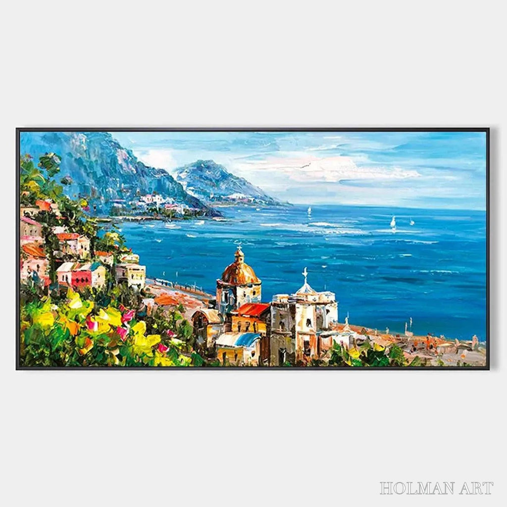HOLMAN ART Coastal Mediterranean Town – Vibrant Coastal Landscape Painting, Panoramic - image 1