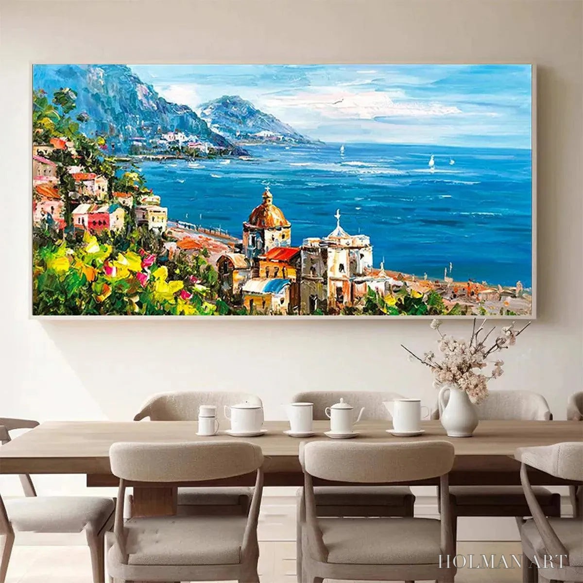 HOLMAN ART Coastal Mediterranean Town – Vibrant Coastal Landscape Painting, Panoramic - image 2