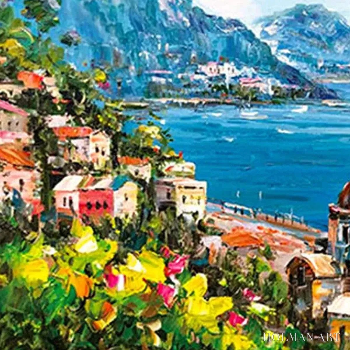 HOLMAN ART Coastal Mediterranean Town – Vibrant Coastal Landscape Painting, Panoramic - image 3