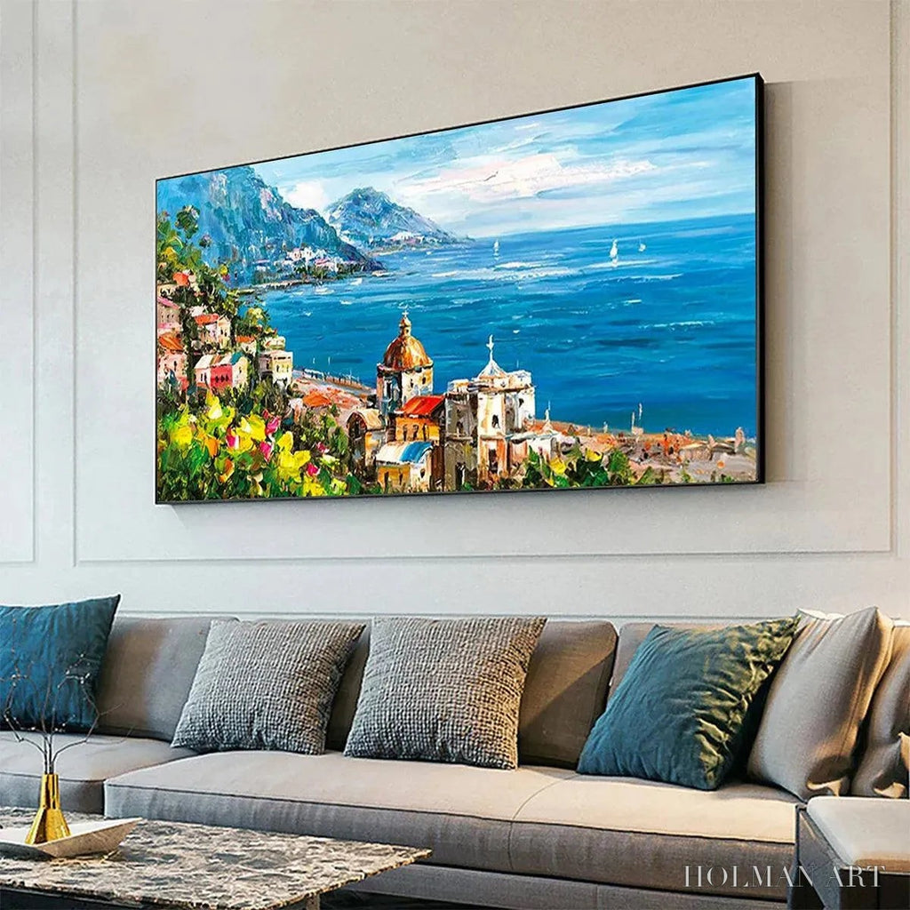 HOLMAN ART Coastal Mediterranean Town – Vibrant Coastal Landscape Painting, Panoramic - image 4