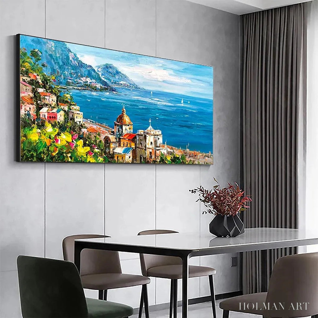 HOLMAN ART Coastal Mediterranean Town – Vibrant Coastal Landscape Painting, Panoramic - image 5