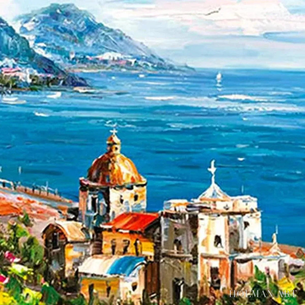 HOLMAN ART Coastal Mediterranean Town – Vibrant Coastal Landscape Painting, Panoramic - image 6