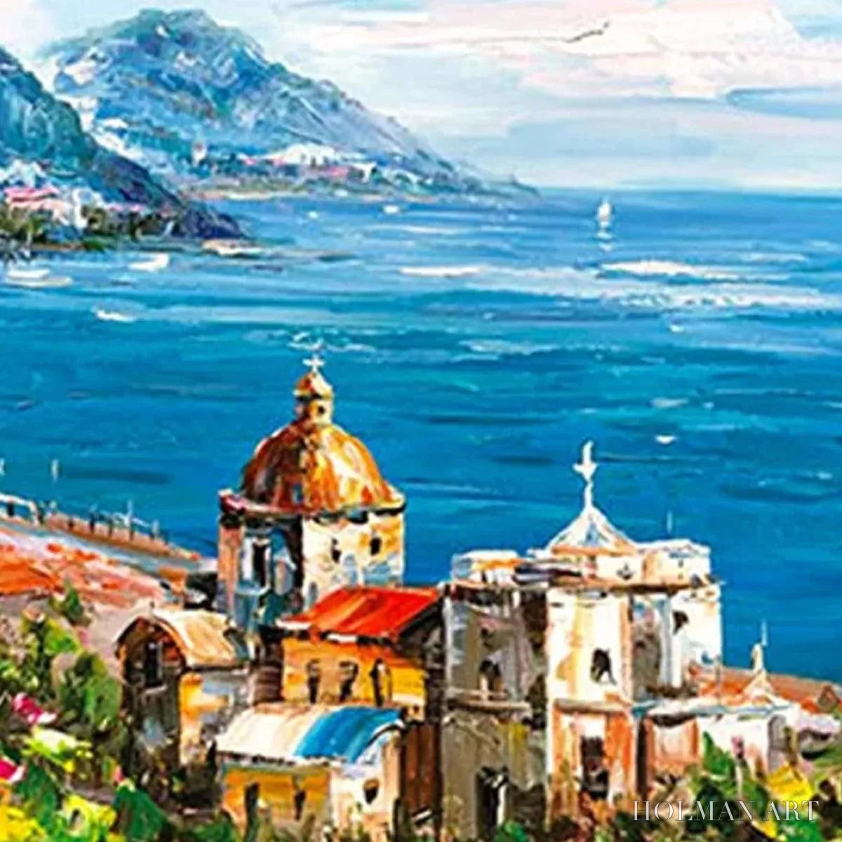 HOLMAN ART Coastal Mediterranean Town – Vibrant Coastal Landscape Painting, Panoramic - image 6