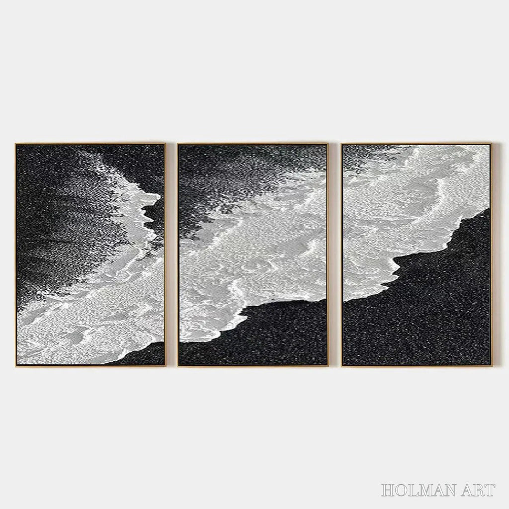 HOLMAN ART Black & White Ocean Triptych – Abstract Ocean Painting Set of 3, Vertical - image 1