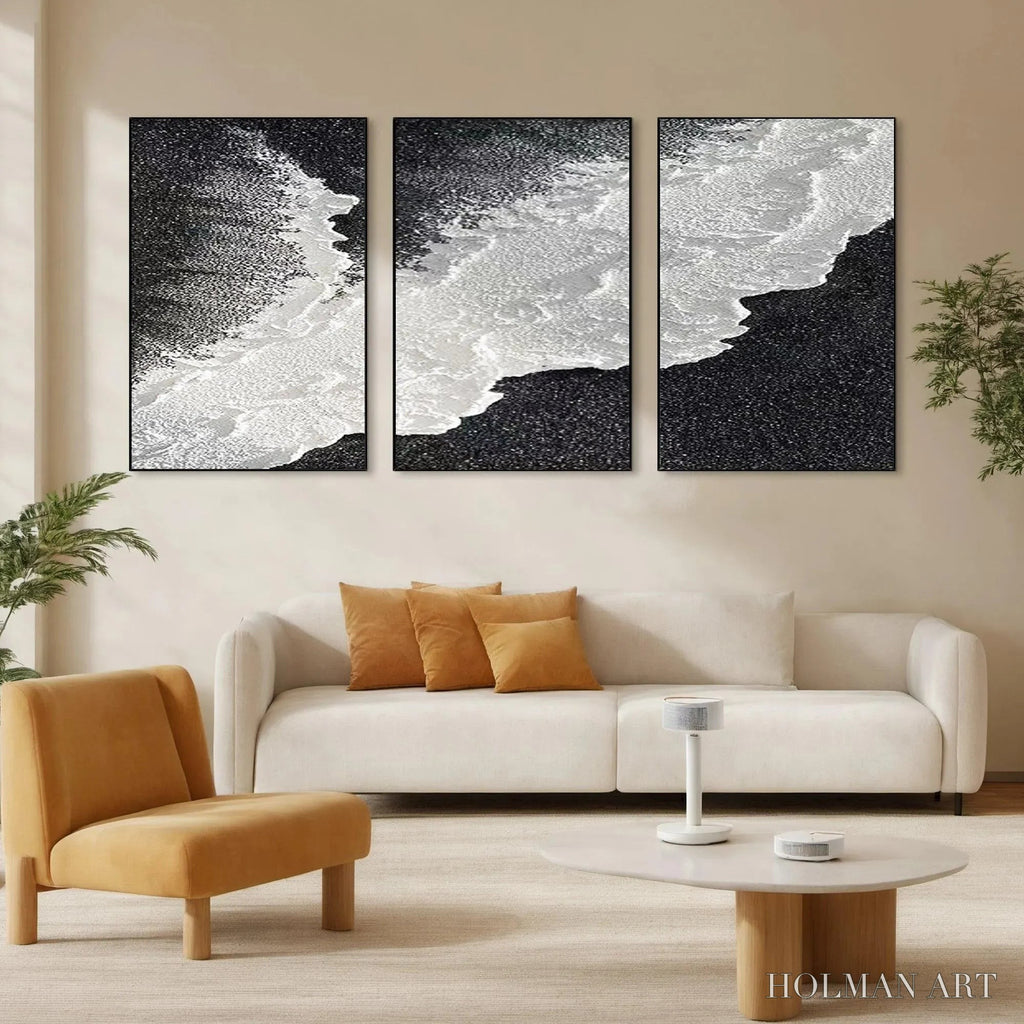 HOLMAN ART Black & White Ocean Triptych – Abstract Ocean Painting Set of 3, Vertical - image 2