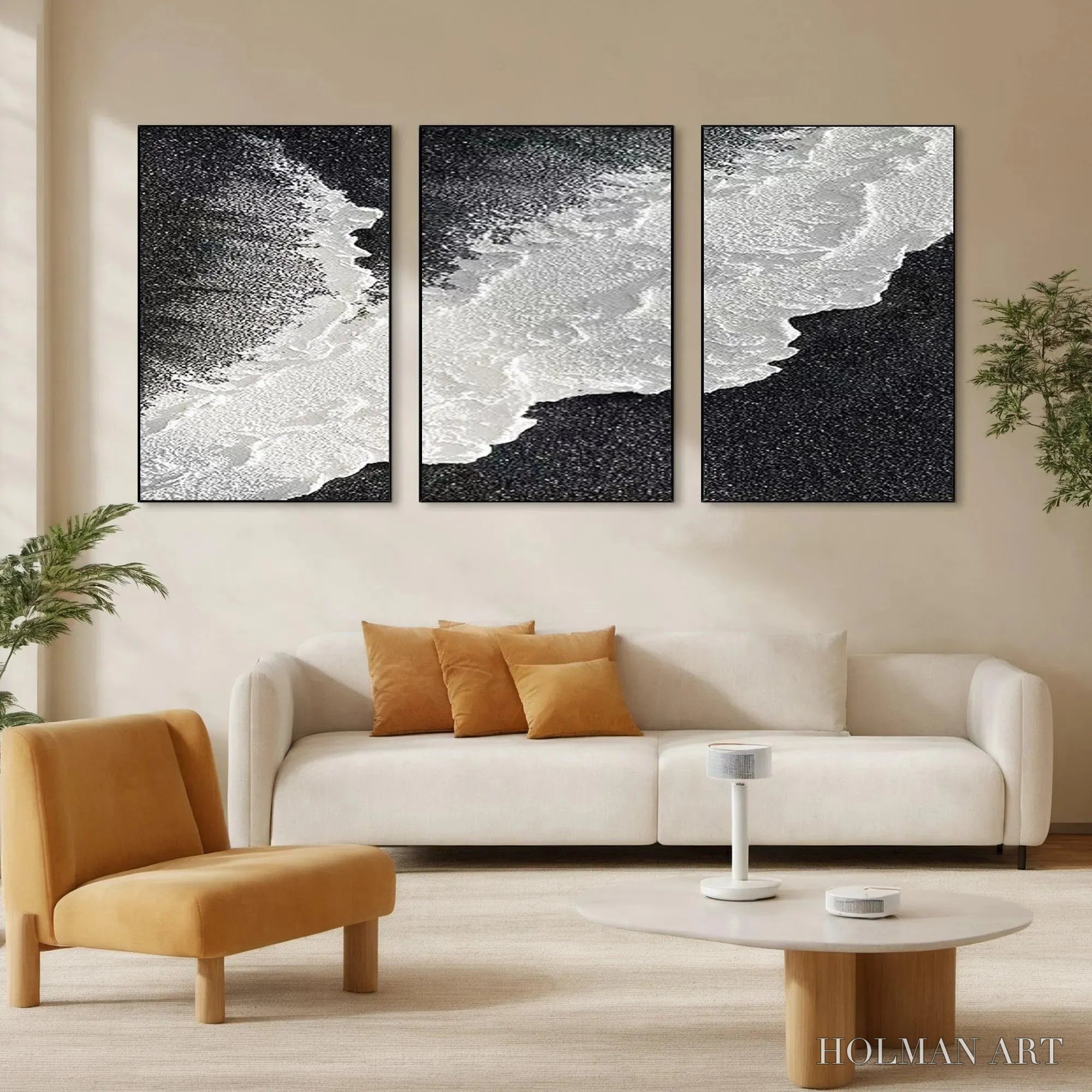 HOLMAN ART Black & White Ocean Triptych – Abstract Ocean Painting Set of 3, Vertical - image 2