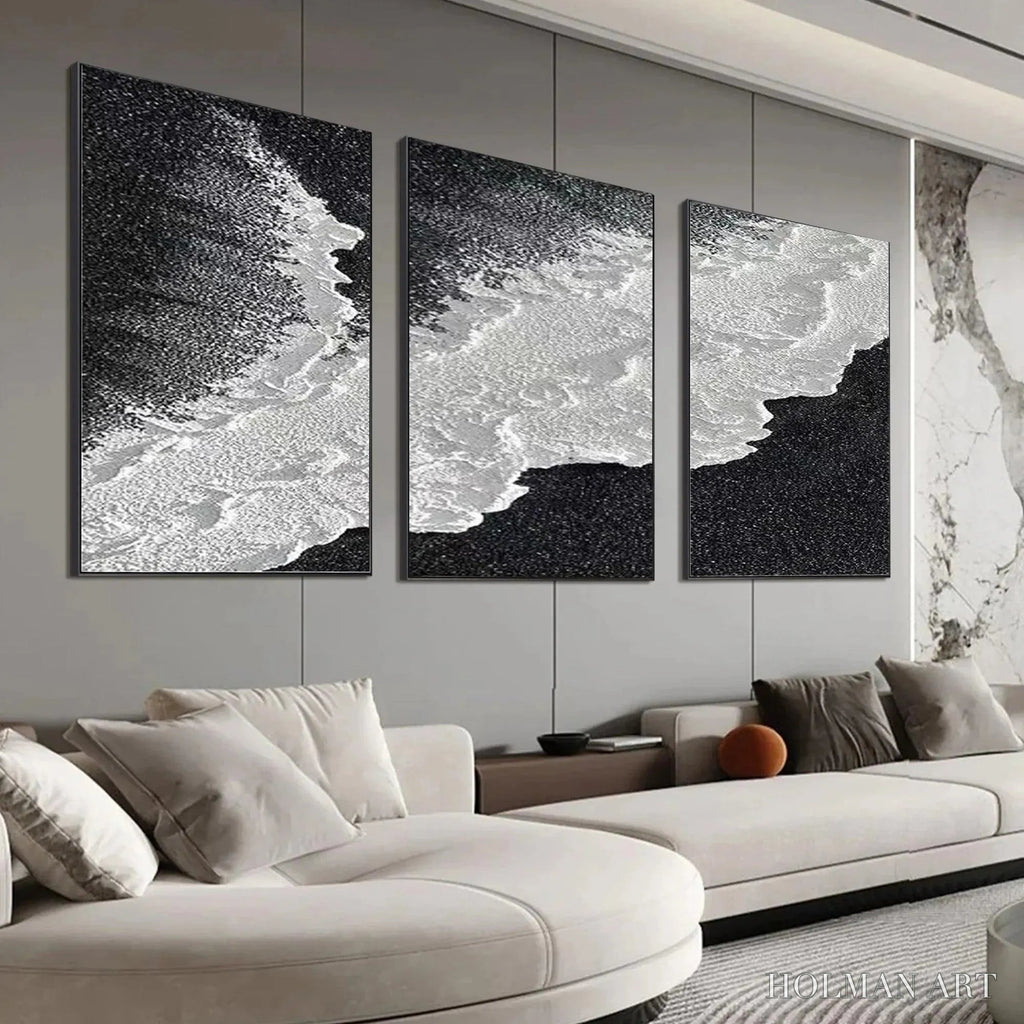 HOLMAN ART Black & White Ocean Triptych – Abstract Ocean Painting Set of 3, Vertical - image 3