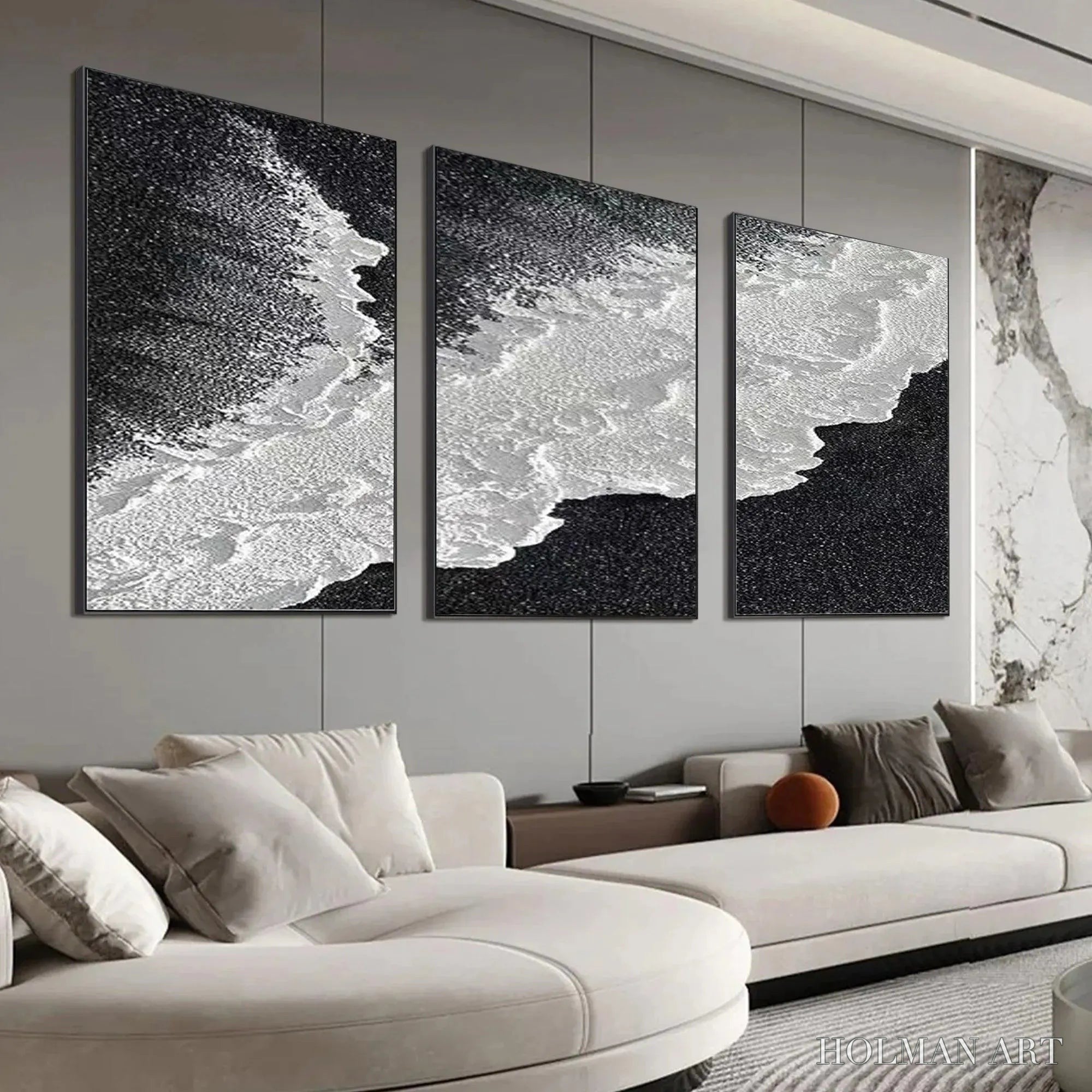 HOLMAN ART Black & White Ocean Triptych – Abstract Ocean Painting Set of 3, Vertical - image 3
