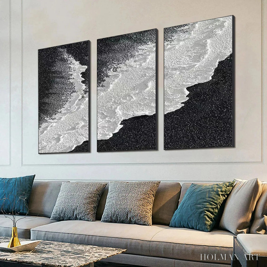 HOLMAN ART Black & White Ocean Triptych – Abstract Ocean Painting Set of 3, Vertical - image 5