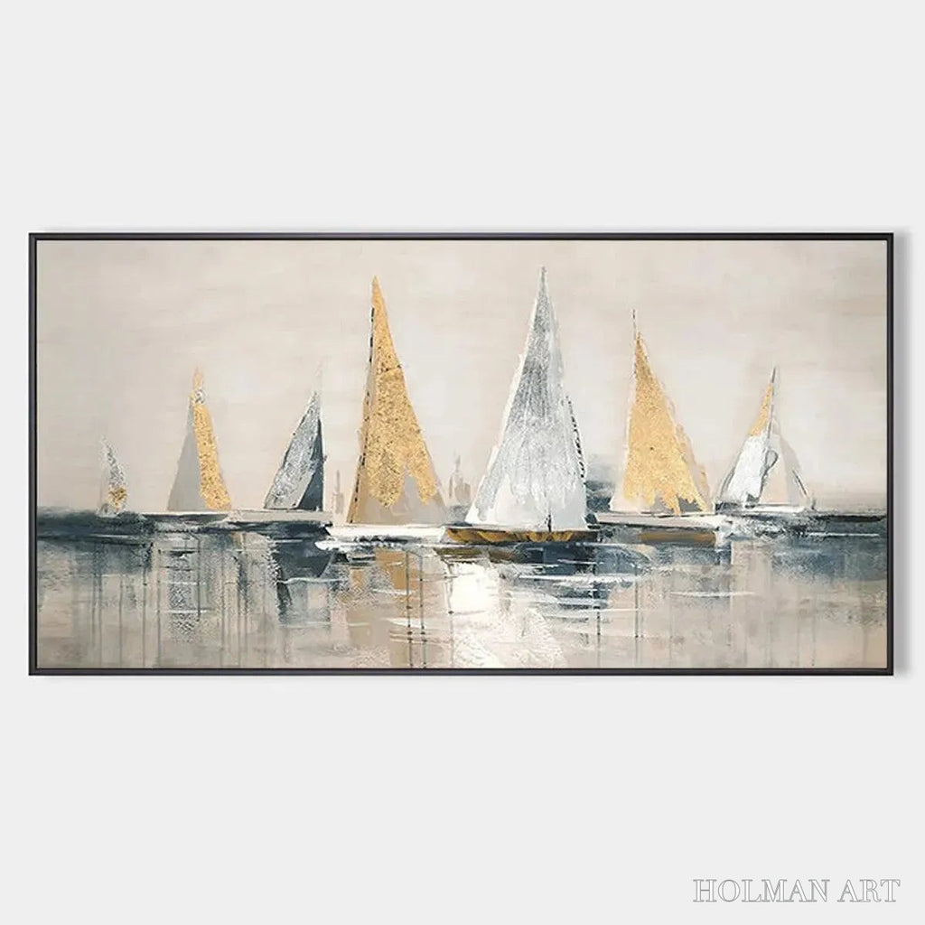 HOLMAN ART Golden Sailboats – Textured Seascape Painting, Horizontal - image 1